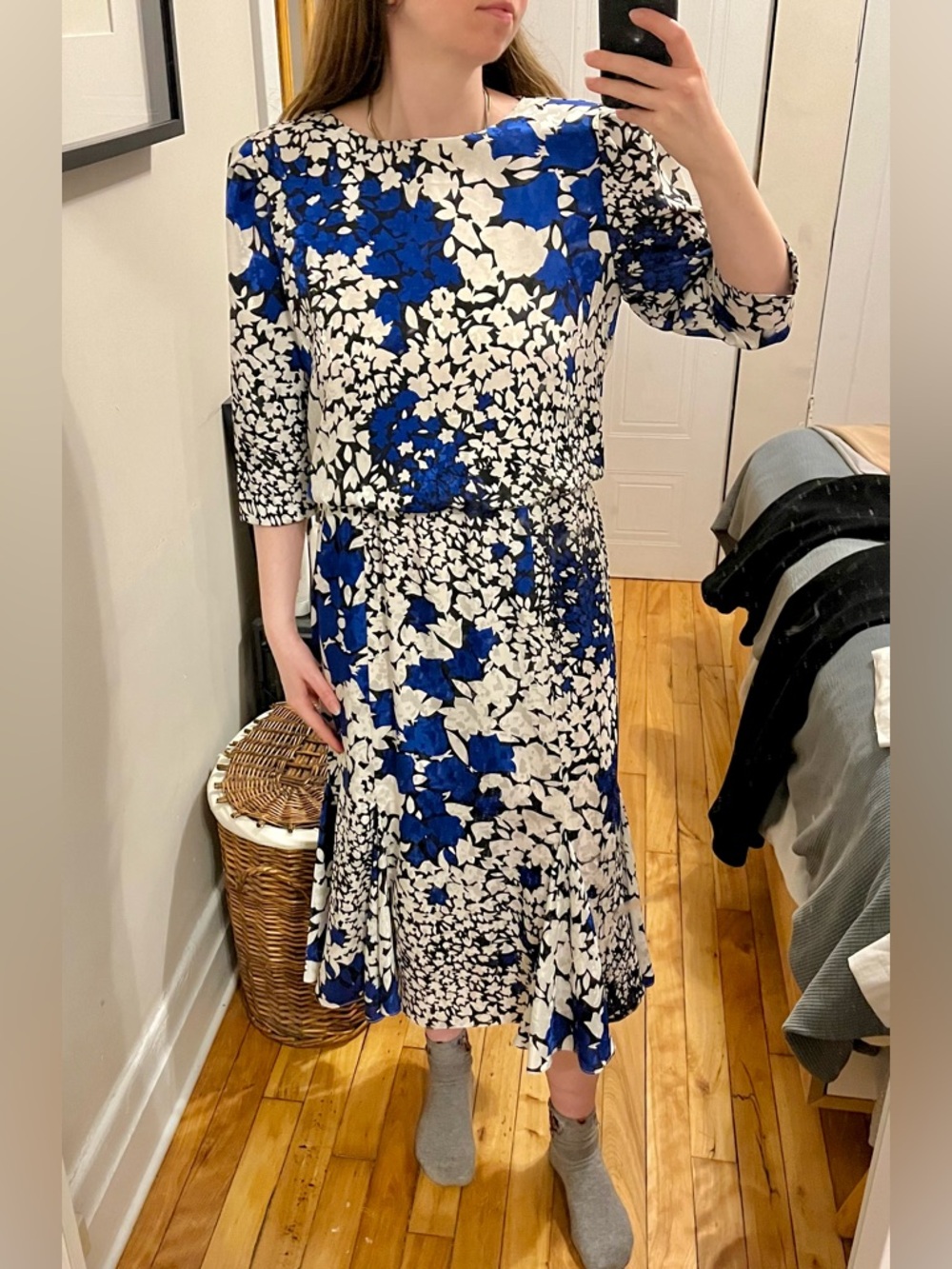 Vintage Blue and White Floral Midi Dress